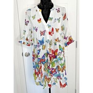 La Cera Butterfly Garden Tunic M White Cotton Voile Button Front 3/4 Sleeve